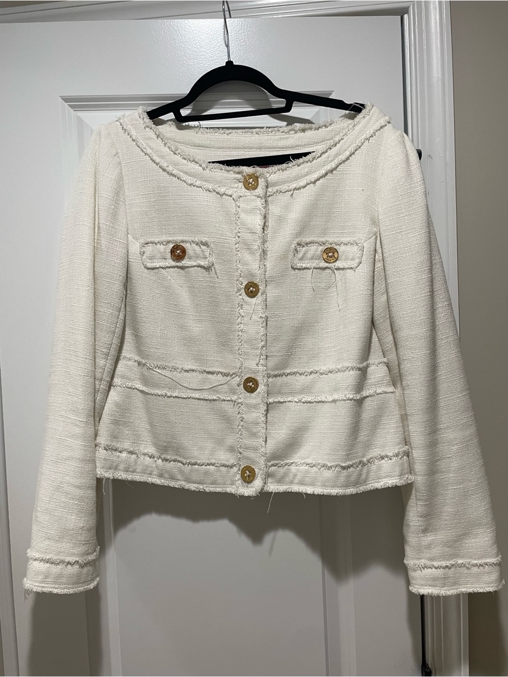 Lilly Pulitzer white Bouclé Fringe-Trim Jacket with Gold Buttons